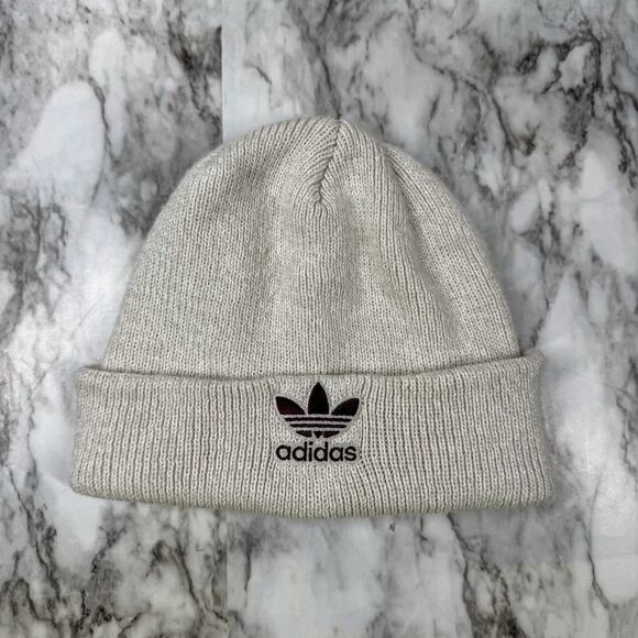 Adidas Cuff Beanie Gray Beige Knit Burgundy Trefoil Logo Hat Unisex Adult Hat - Picture 1 of 6